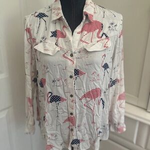 NIC+ZOE Patriotic Print Shirt July 4th flamingo red white blue medium